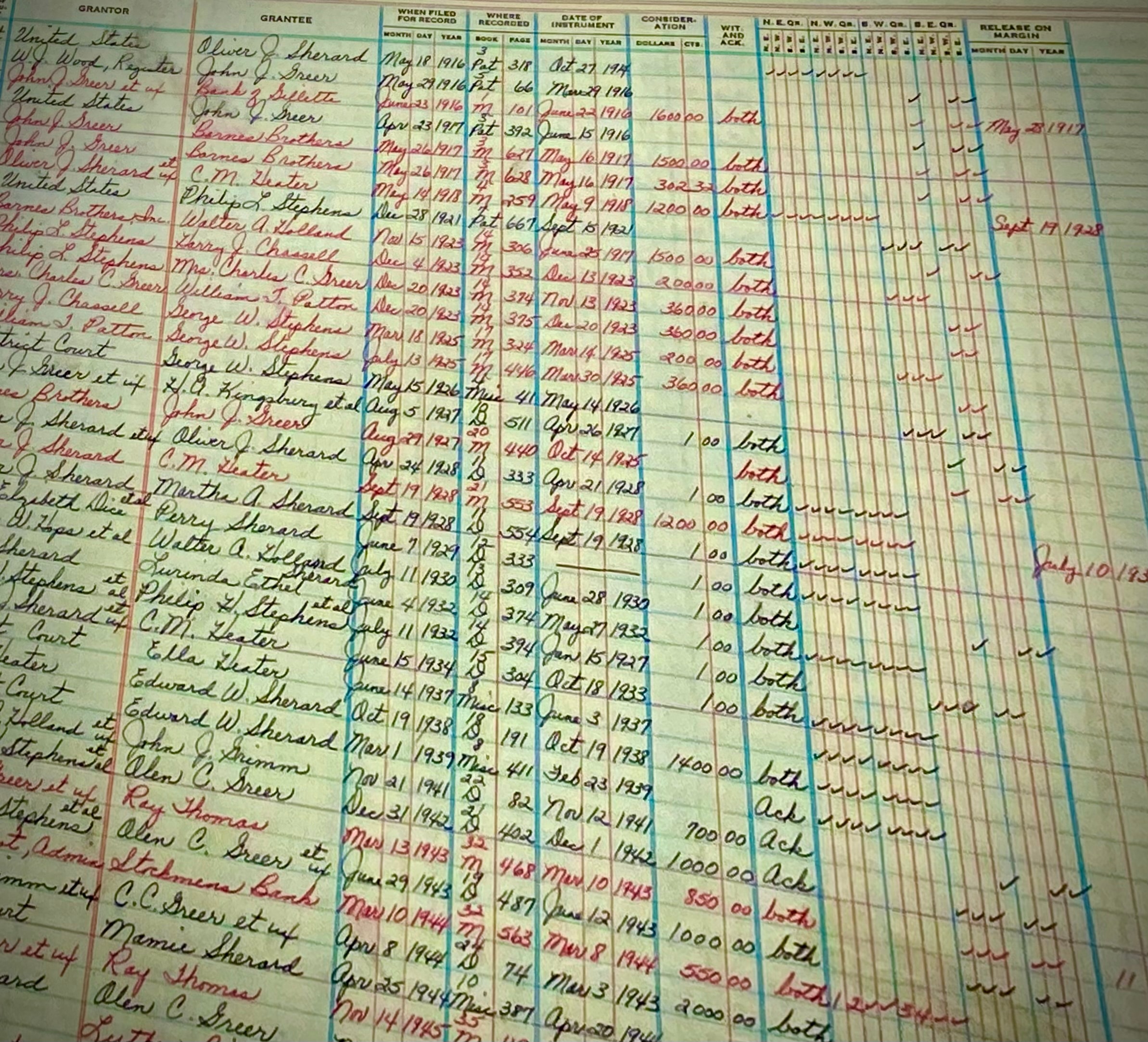 Historic land-record index with handwritten grantor, grantee, and recording entries